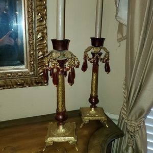 Heavy Duty Brass Candlesticks with Red Beads